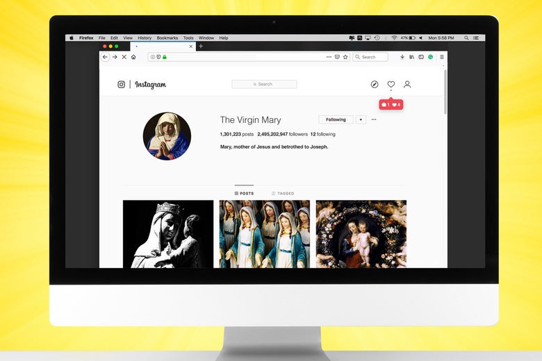 Photo illustration of an Instagram page for the Virgin Mary.